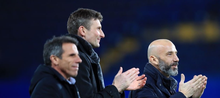 LONDON, ENGLAND - FEBRUARY 12: Former Chelsea players Gianfranco Zola, Tore Andre Flo and Gianluca Vialli during the Premier League match between Chelsea and West Bromwich Albion at Stamford Bridge on February 12, 2018 in London, England. (Photo by Marc Atkins/Offside/Getty Images)